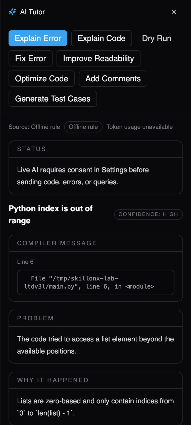 ScriptOnX AI Tutor panel explaining a Python IndexError: the compiler message, the problem, and why it happened. The explanation is labelled “Source: Offline rule”.
