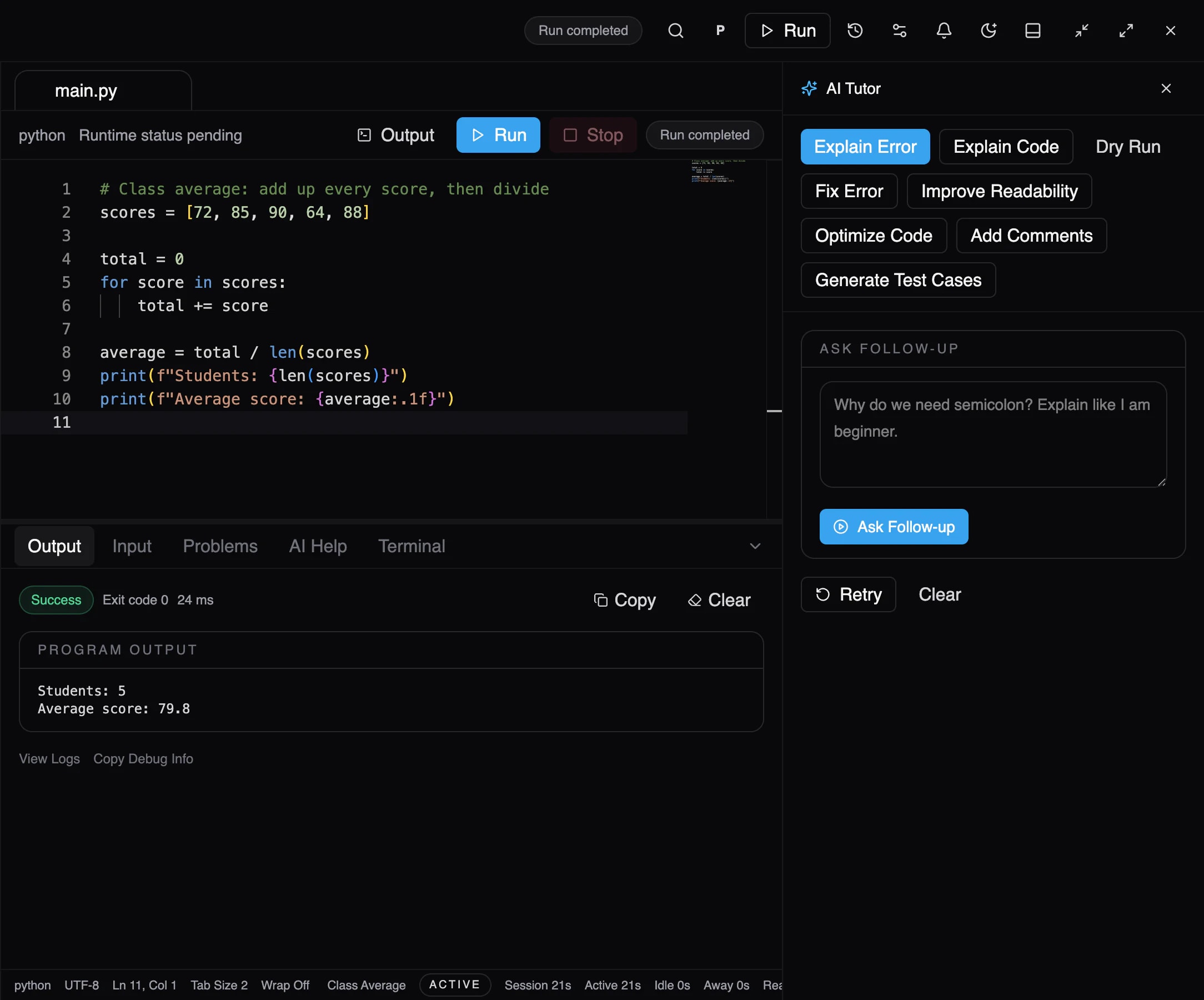 ScriptOnX workspace: a Python class-average program in the editor, its output (Students: 5, Average score: 79.8), and the AI Tutor panel with actions such as Explain Code, Dry Run and Fix Error.