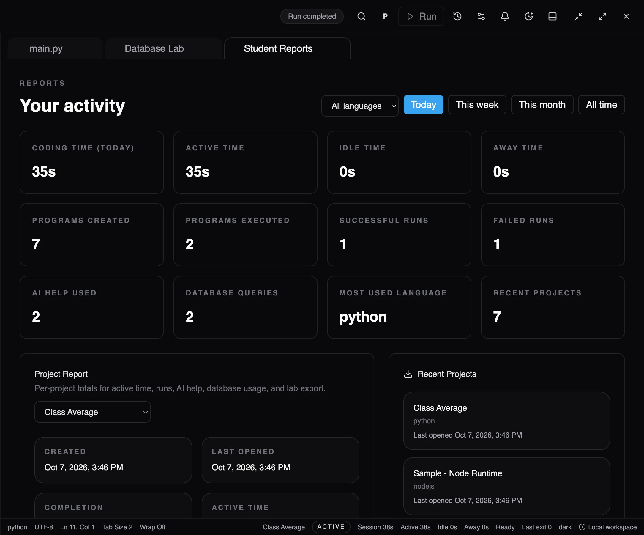 ScriptOnX Student Reports: today's coding and active time, programs created and executed, successful and failed runs, AI help used, database queries and recent projects, all from a demo profile.