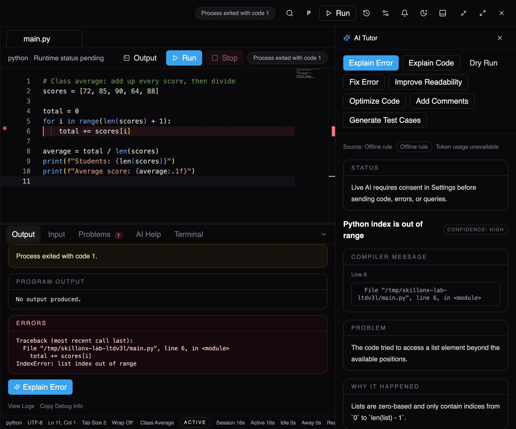 ScriptOnX workspace: a Python program with an off-by-one loop, the IndexError it raised in the output panel, and the AI Tutor panel explaining that list indices run from 0 to len(list) − 1.