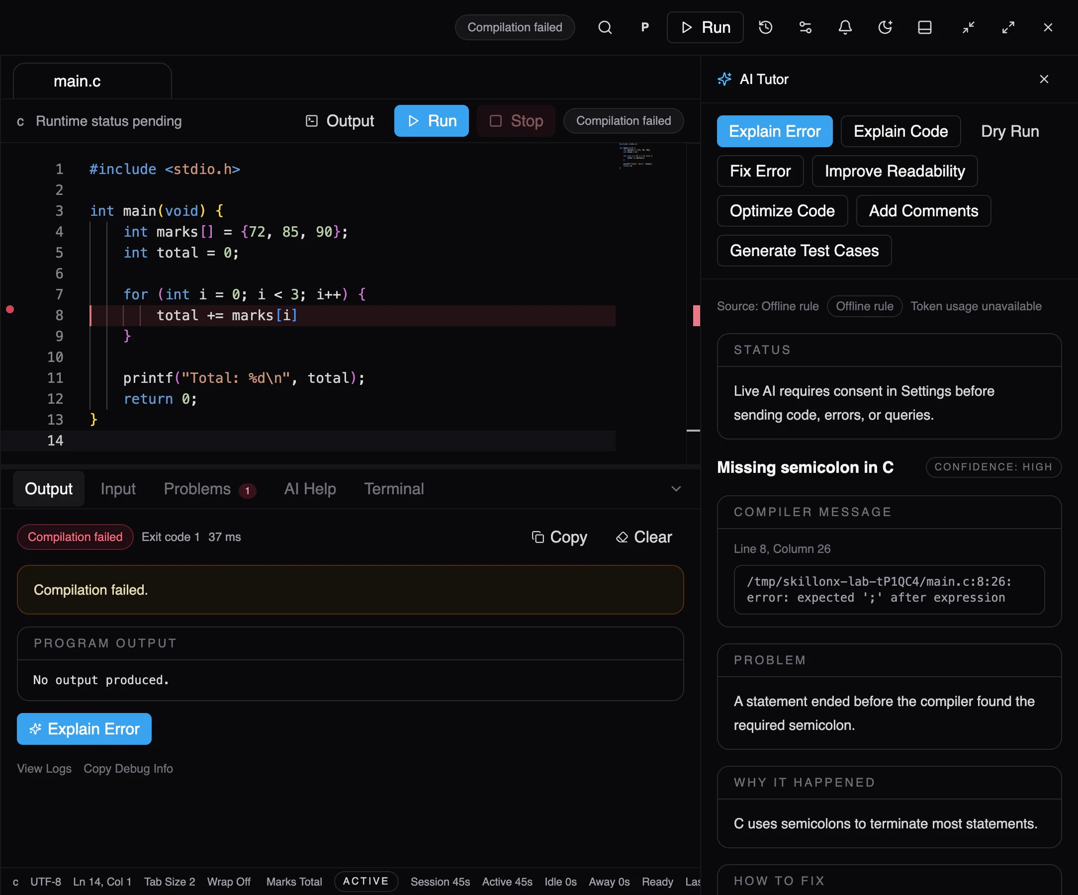 ScriptOnX workspace with a C program that failed to compile because of a missing semicolon, and the AI Tutor panel explaining the missing semicolon.