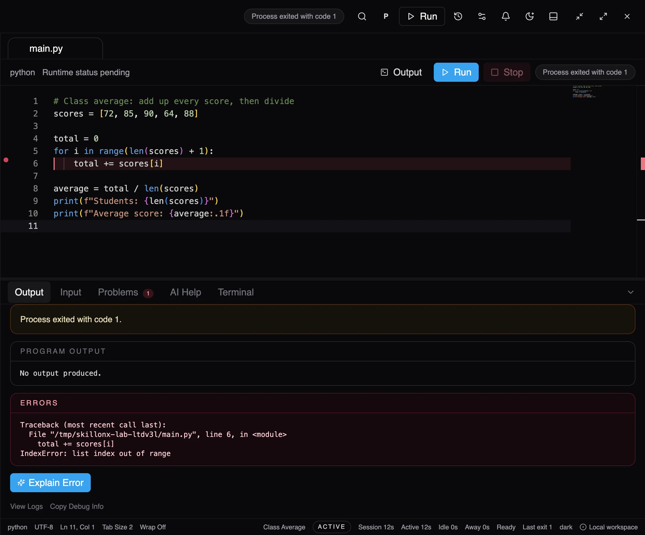 ScriptOnX editor with a Python program whose loop runs one step too far. Line 6 is marked, and the output panel shows IndexError: list index out of range.