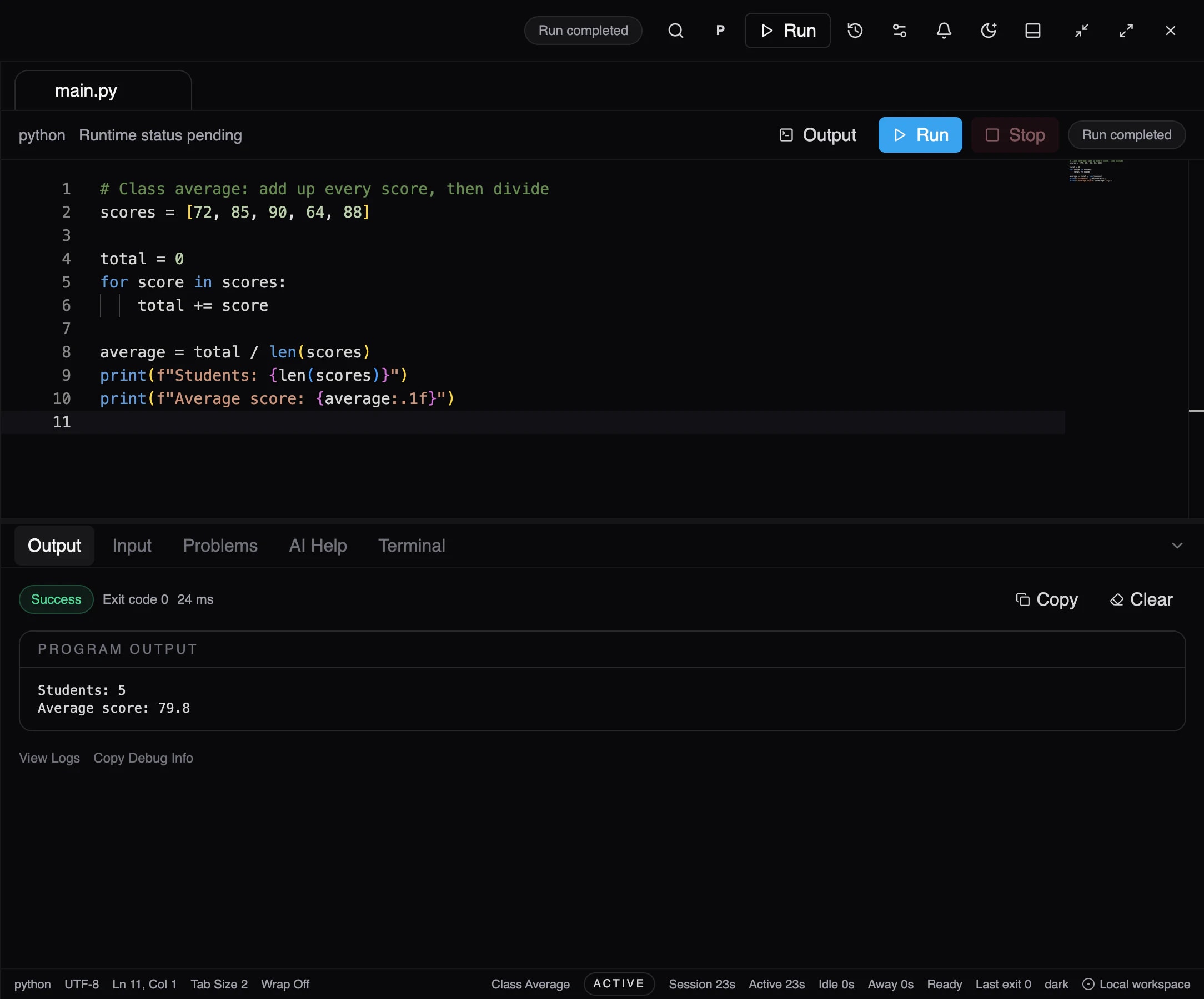 ScriptOnX editor with the corrected Python loop and a successful run: exit code 0, output Students: 5 and Average score: 79.8.
